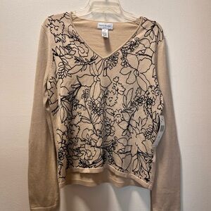 Rena Rowan Grandma-Chic Embroidered Front Versatile Pullover, Sz M, Sand & Black